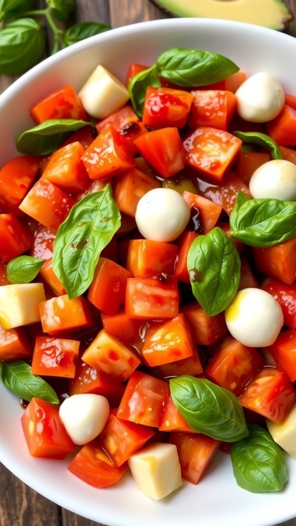 A colorful tomato basil salad with diced tomatoes, fresh basil, mozzarella, and avocado in a white bowl on a wooden table.